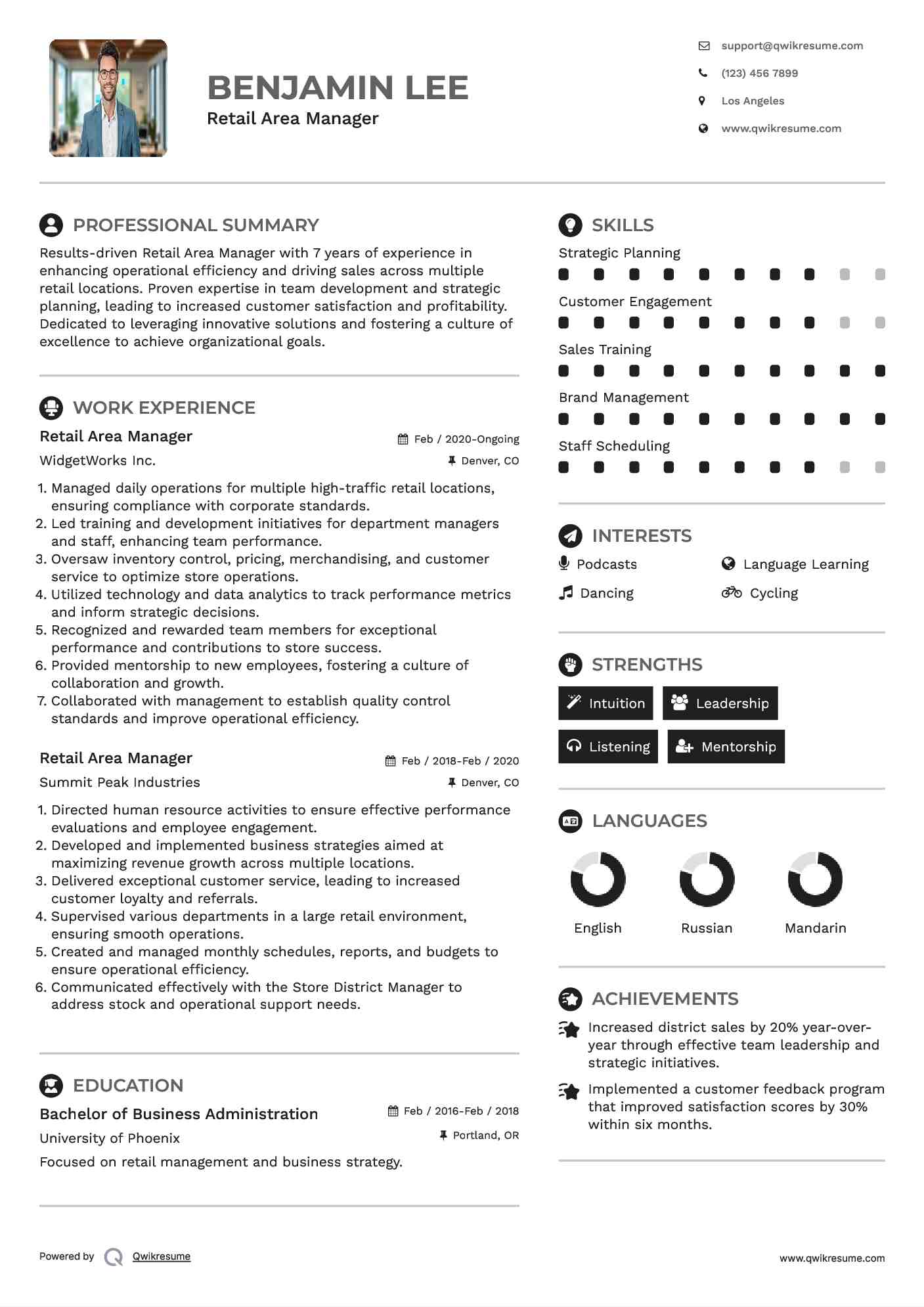 Retail Area Manager Resume Model