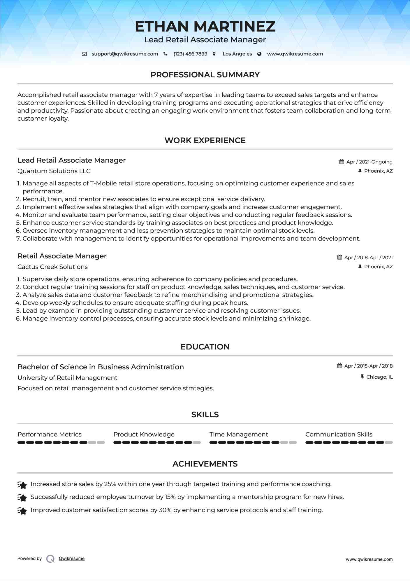 Lead Retail Associate Manager Resume Sample