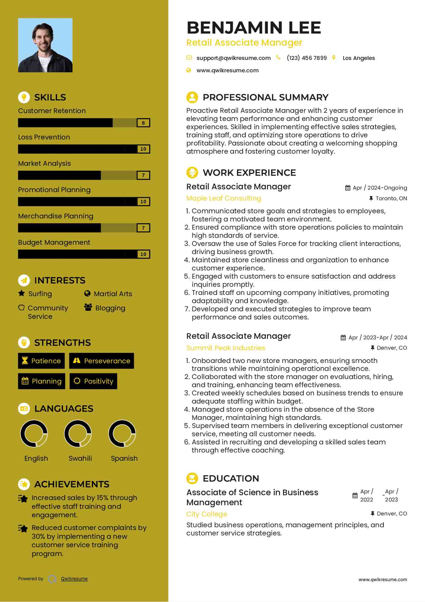 Retail Associate Manager Resume Example