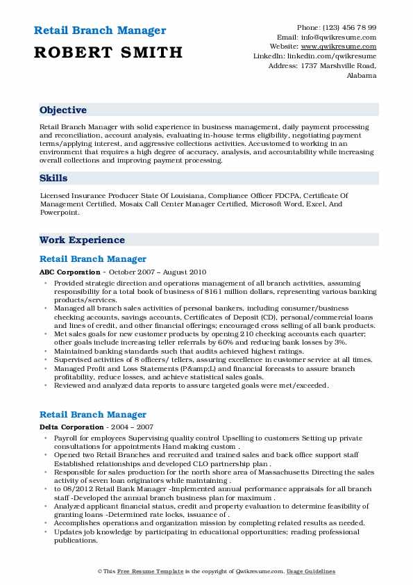 Retail Branch Manager Resume Samples - Retail Branch Manager 1651908115 Pdf 