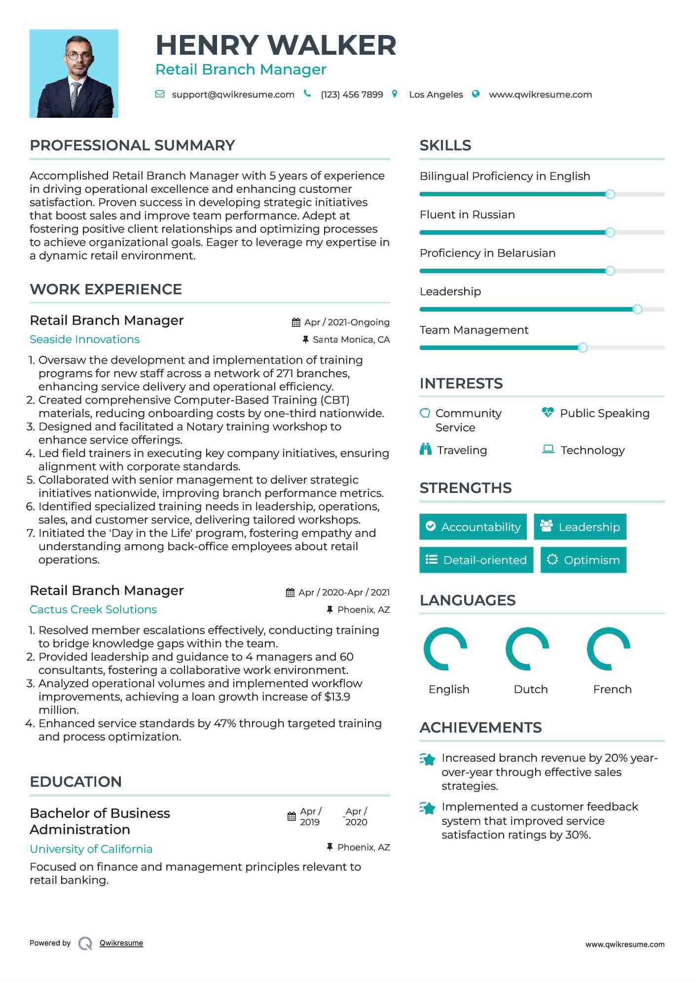 Retail Branch Manager Resume Example