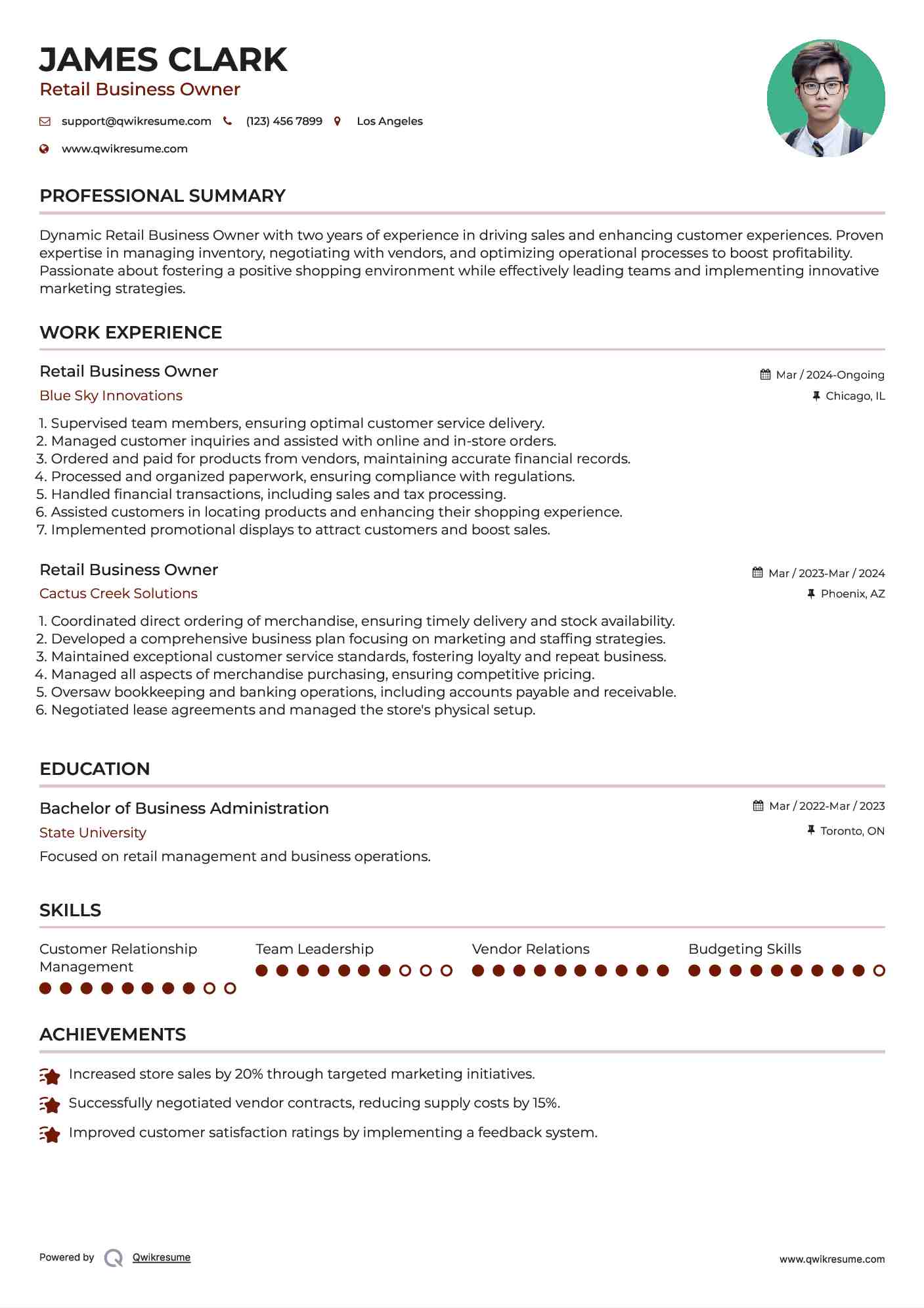 Retail Business Owner Resume Template