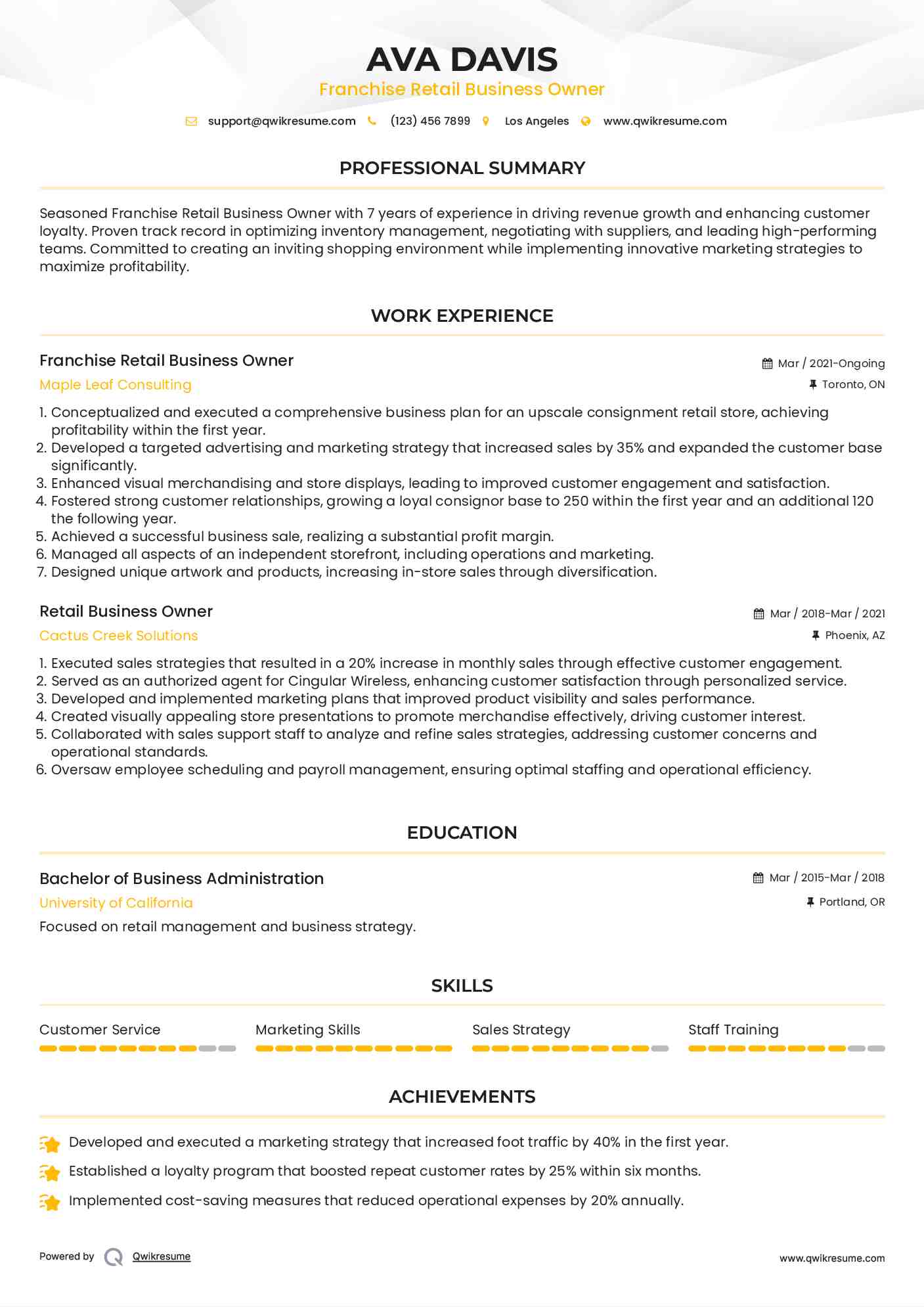 Franchise Retail Business Owner Resume Format