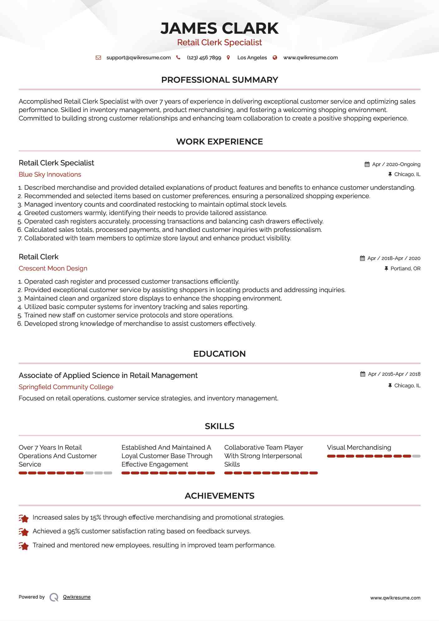Retail Clerk Specialist Resume Template