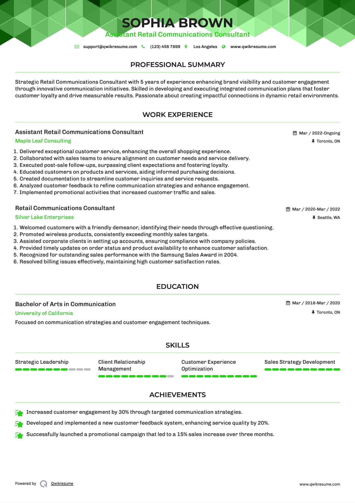 Assistant Retail Communications Consultant Resume Model