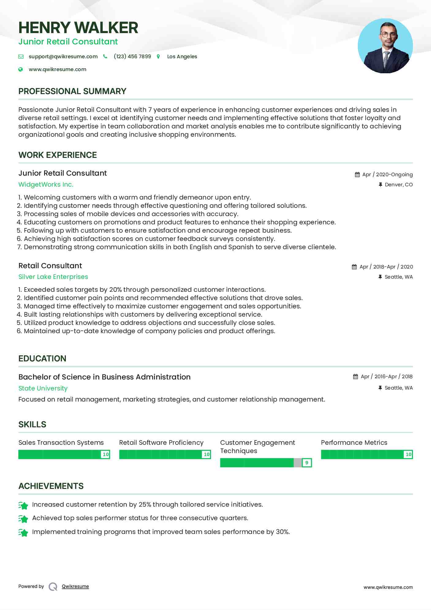 Junior Retail Consultant Resume Example