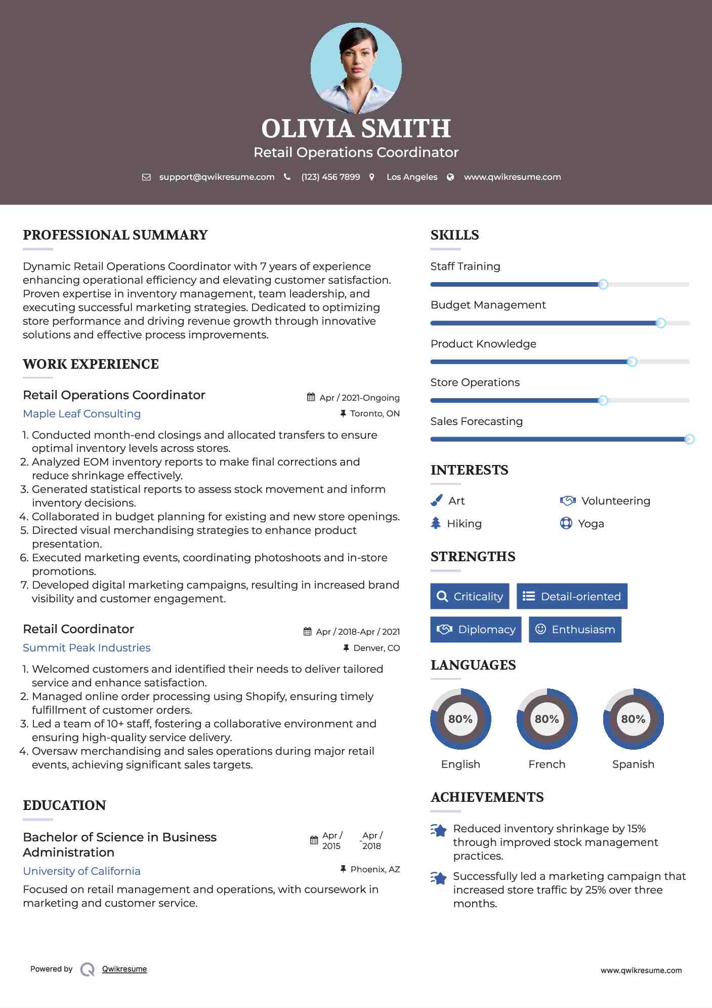 Retail Operations Coordinator Resume Sample