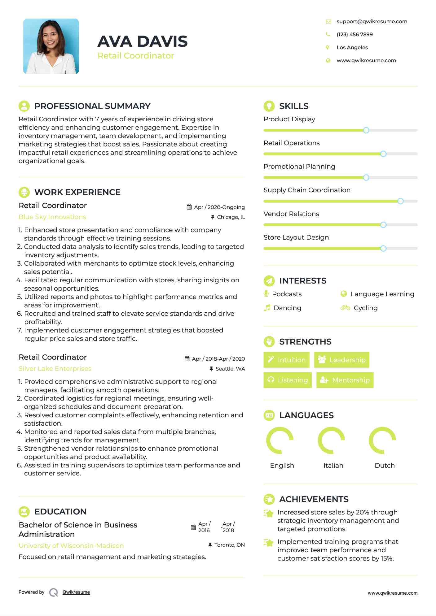 Retail Coordinator Resume Sample