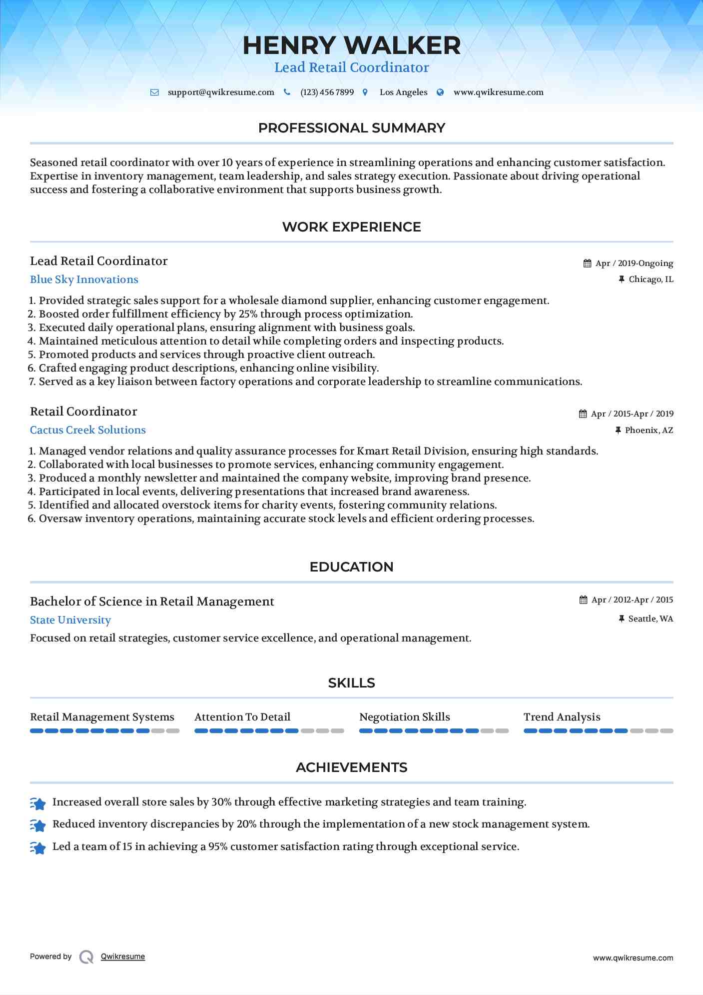 Lead Retail Coordinator Resume Example