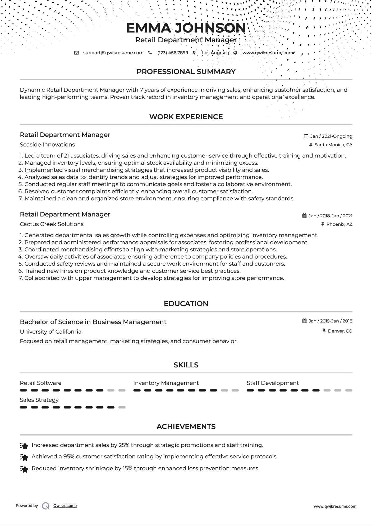 Retail Department Manager Resume Model