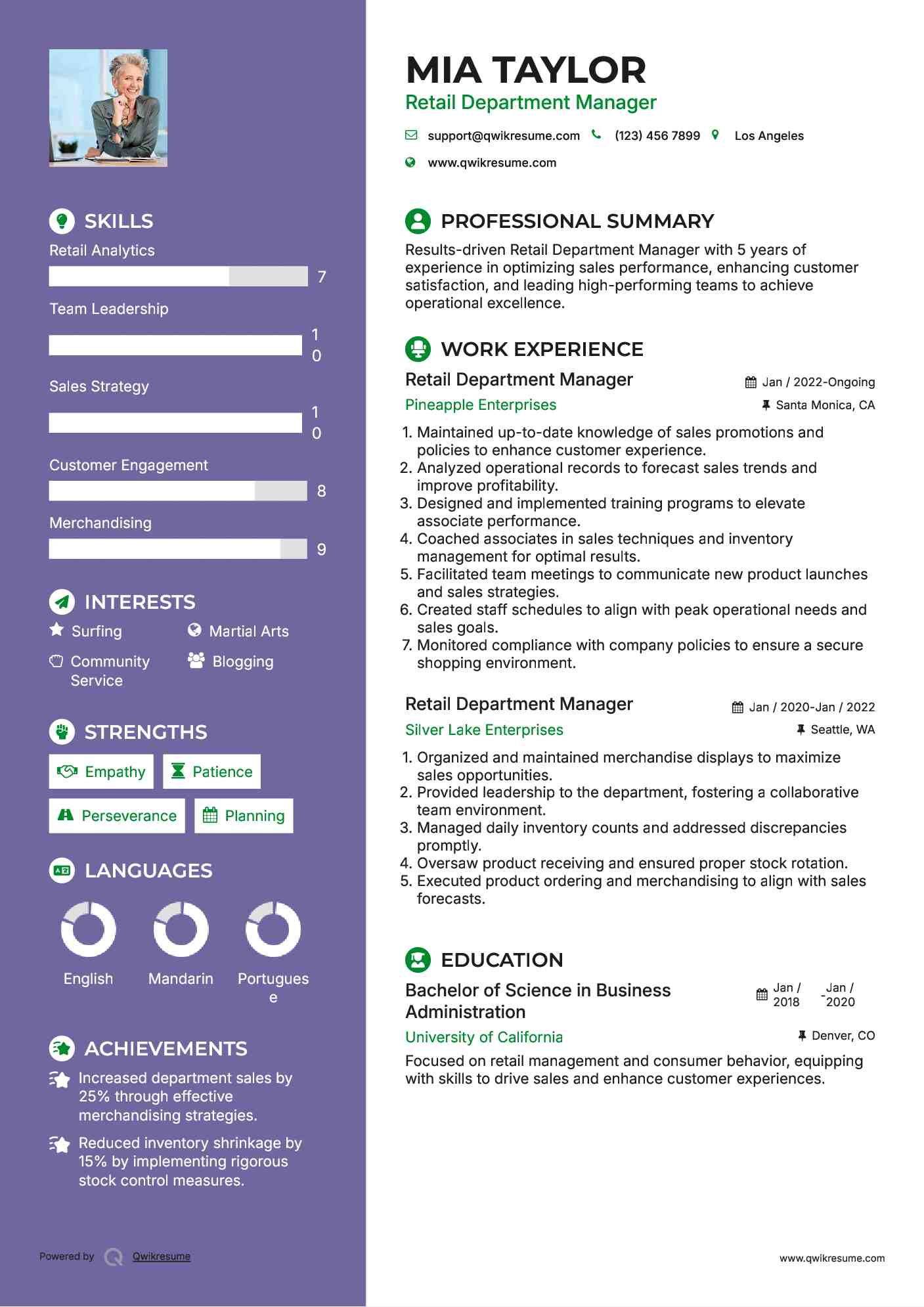 Retail Department Manager Resume Example