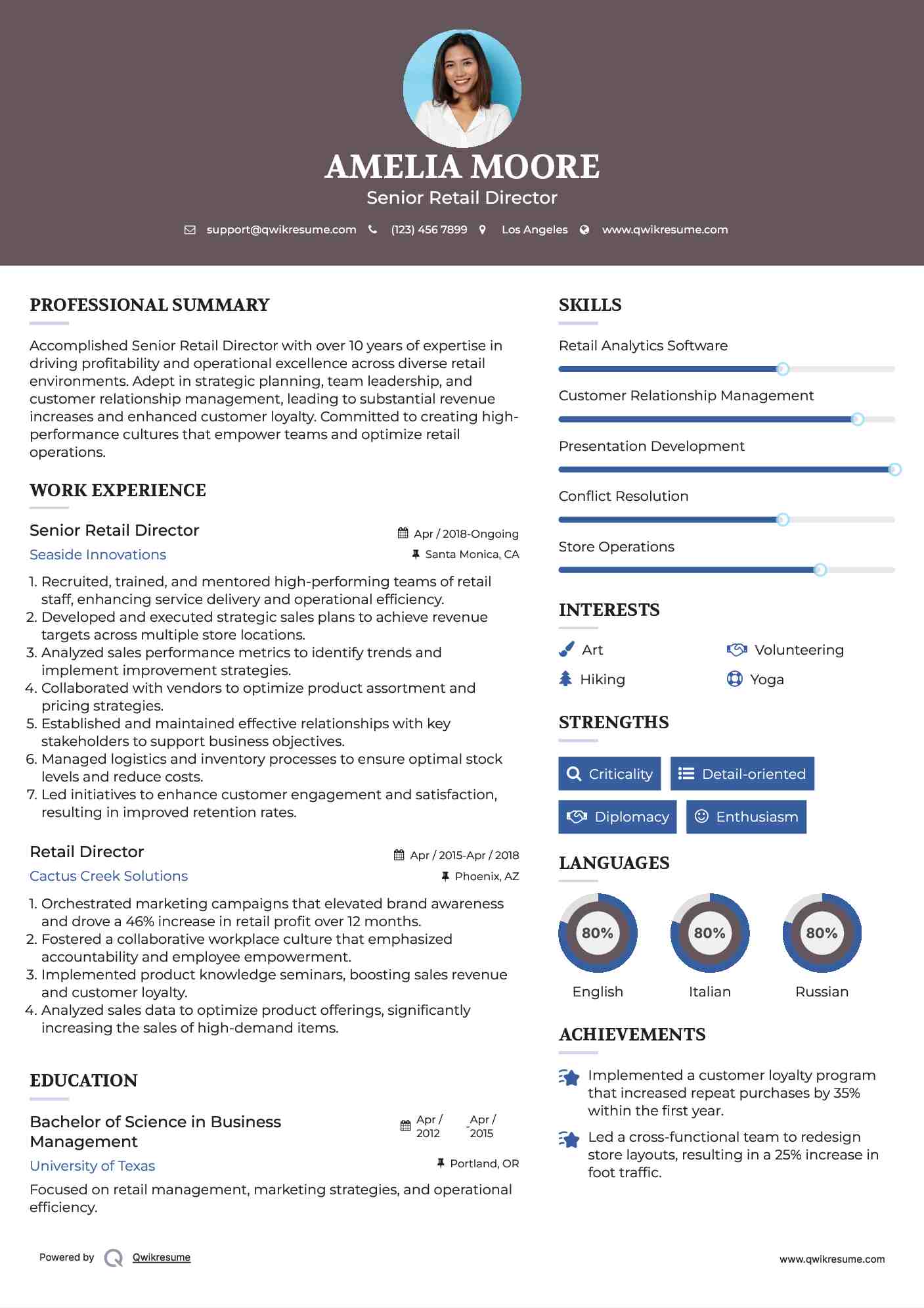 Senior Retail Director Resume Sample