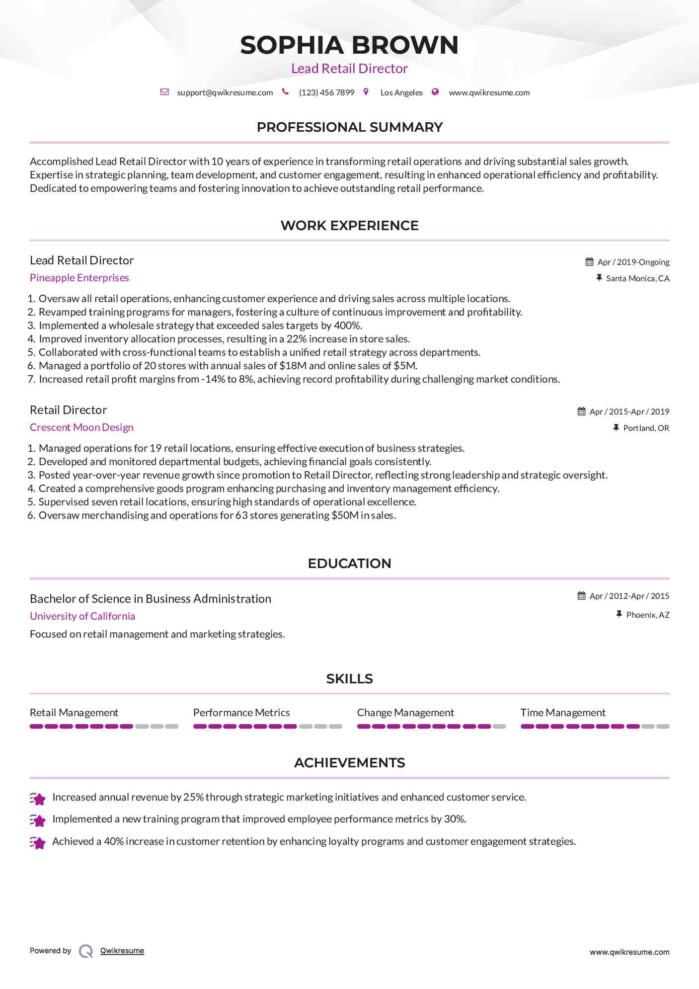 Lead Retail Director Resume Format