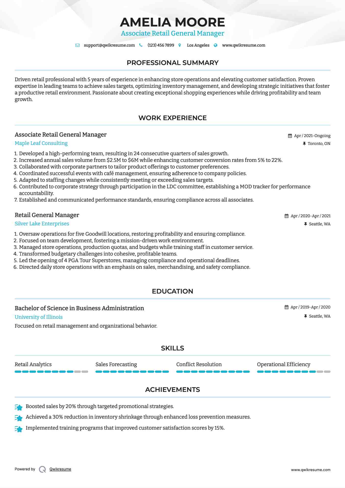 Associate Retail General Manager Resume Example