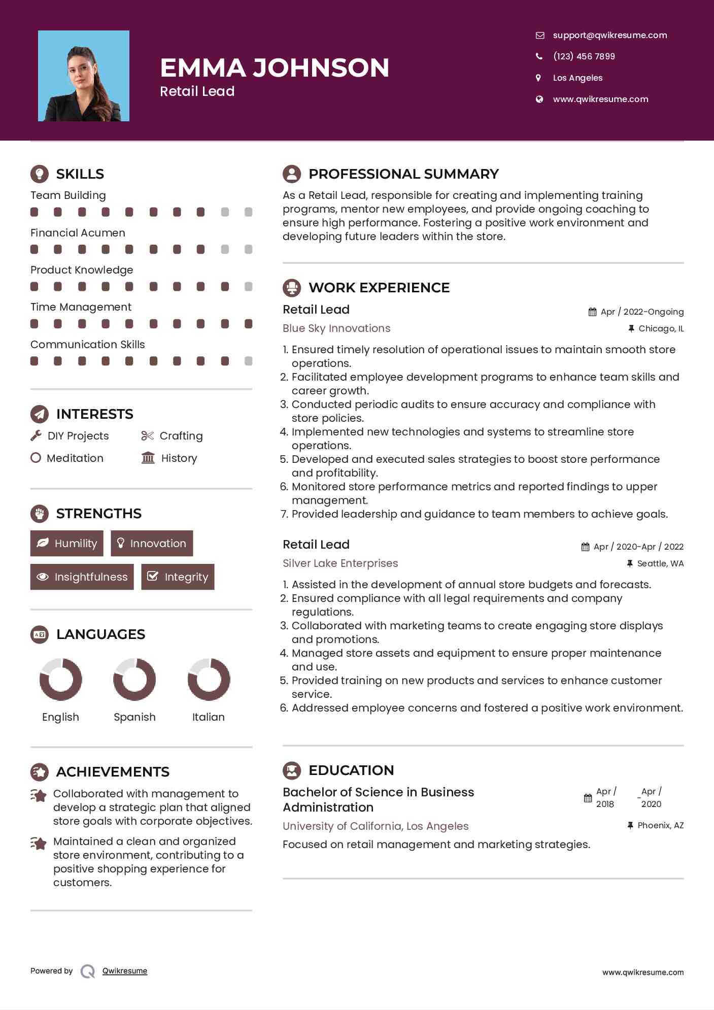 Retail Lead Resume Model