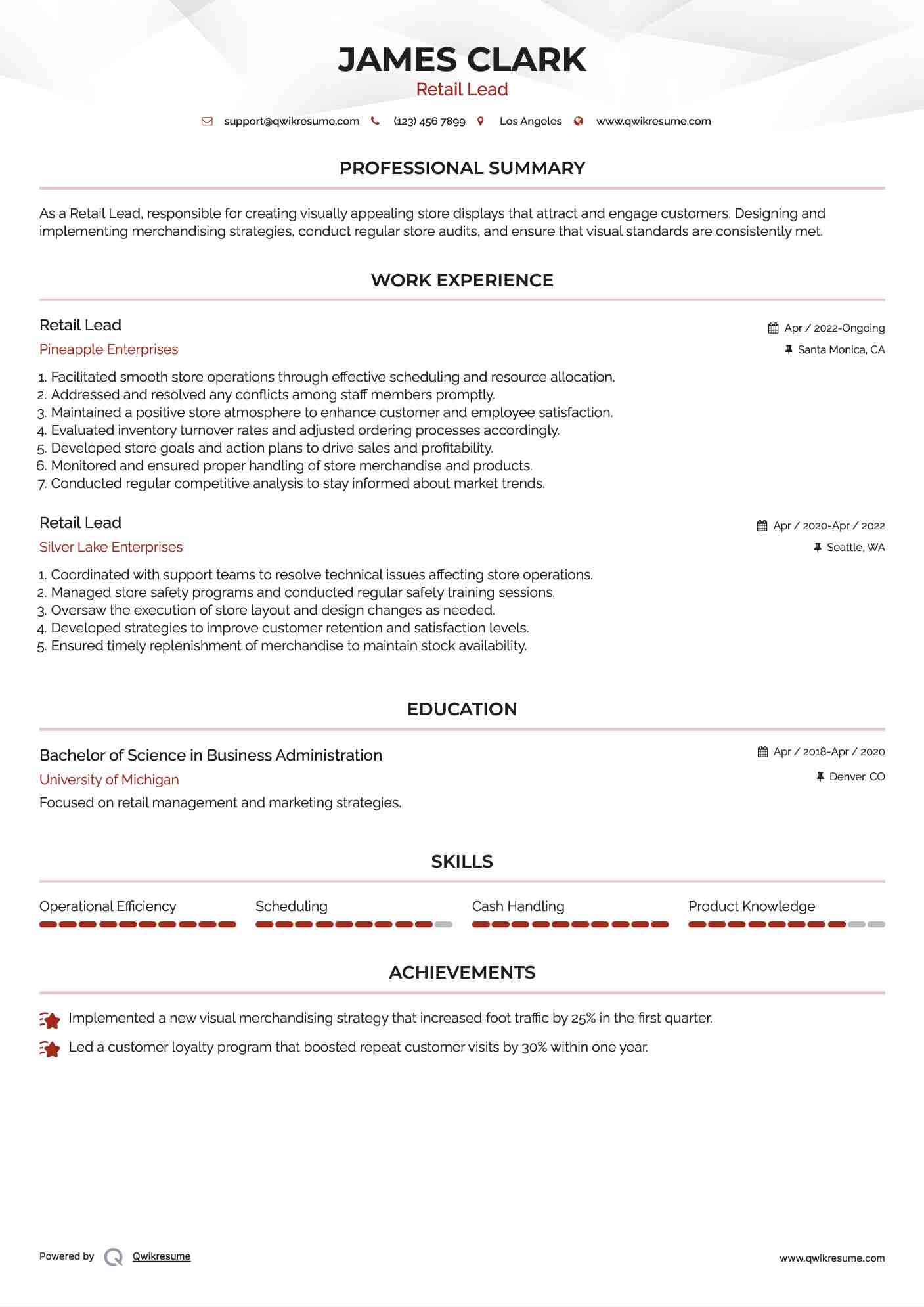 Retail Lead Resume Model