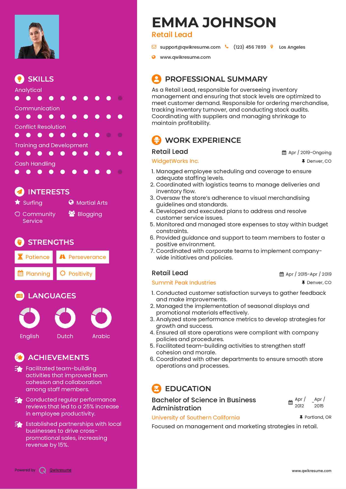 Retail Lead Resume Model