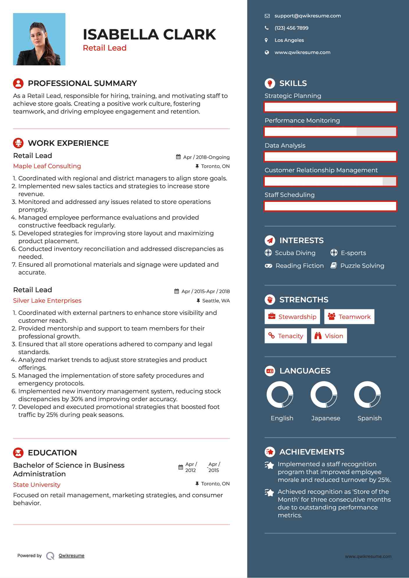 Retail Lead Resume Format