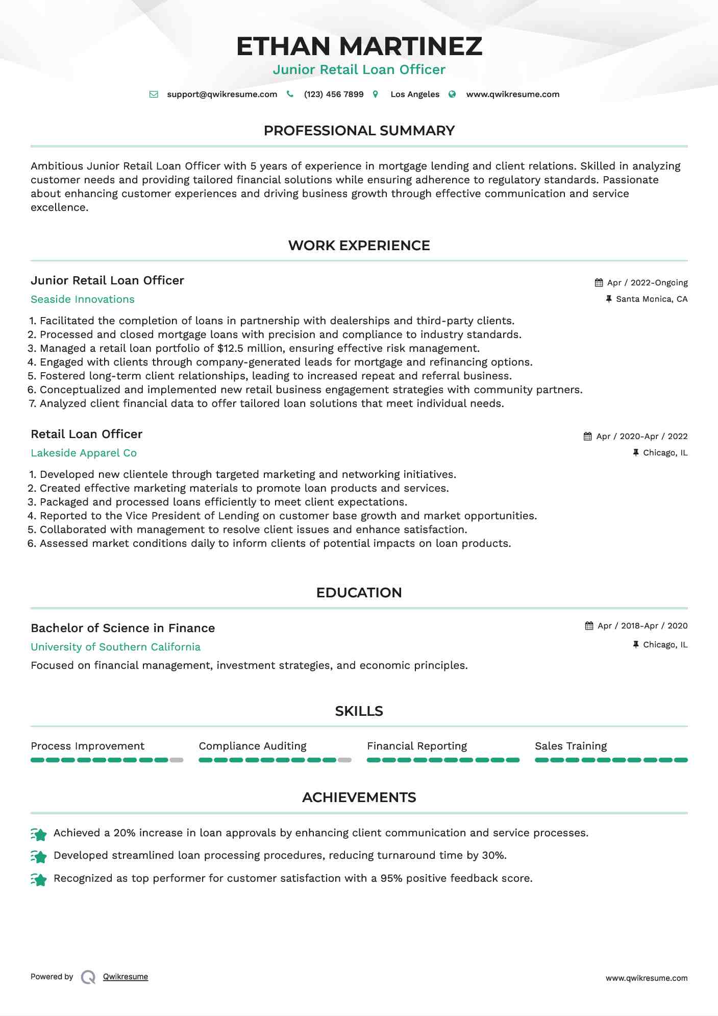 Junior Retail Loan Officer Resume Example