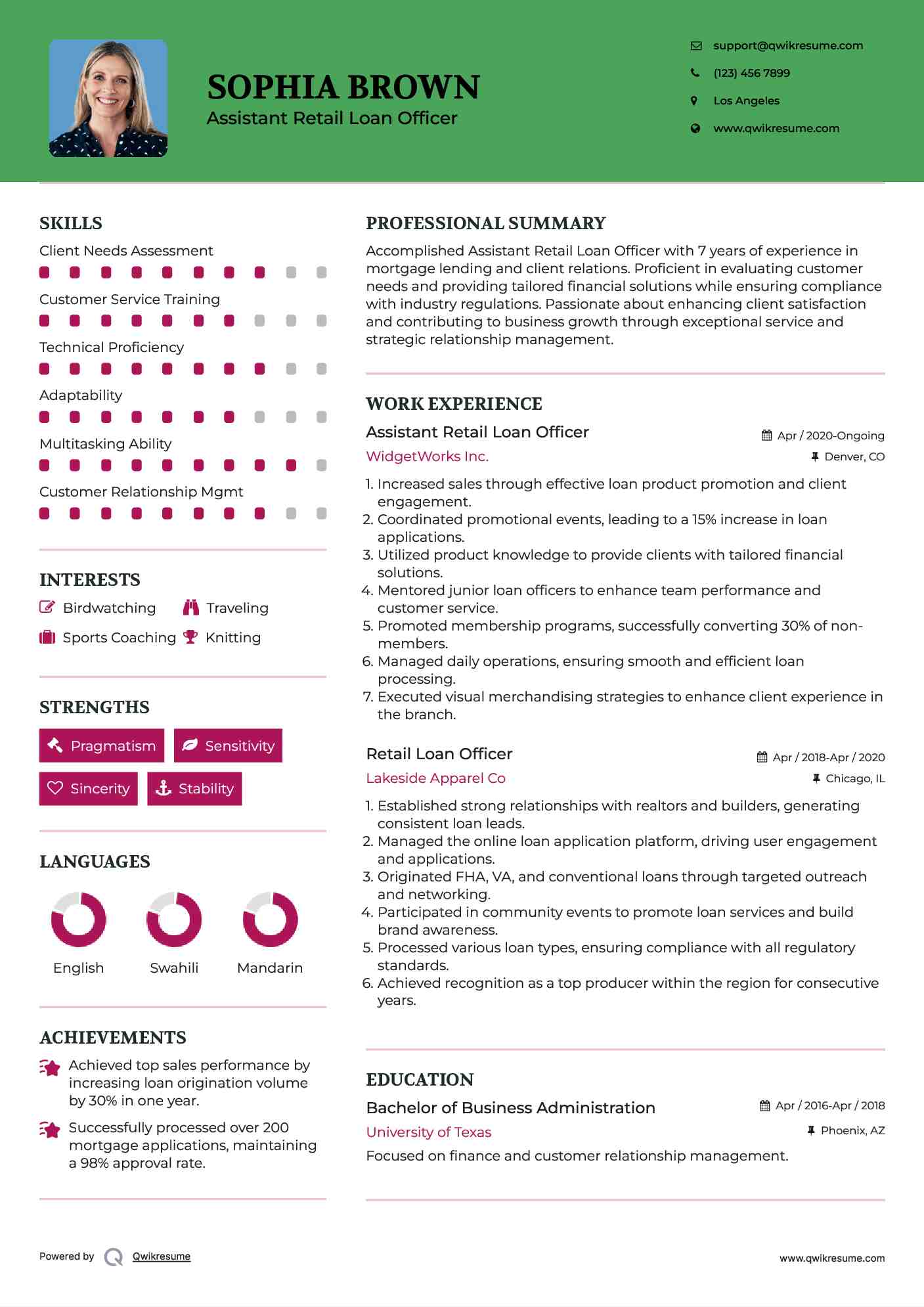 Assistant Retail Loan Officer Resume Format