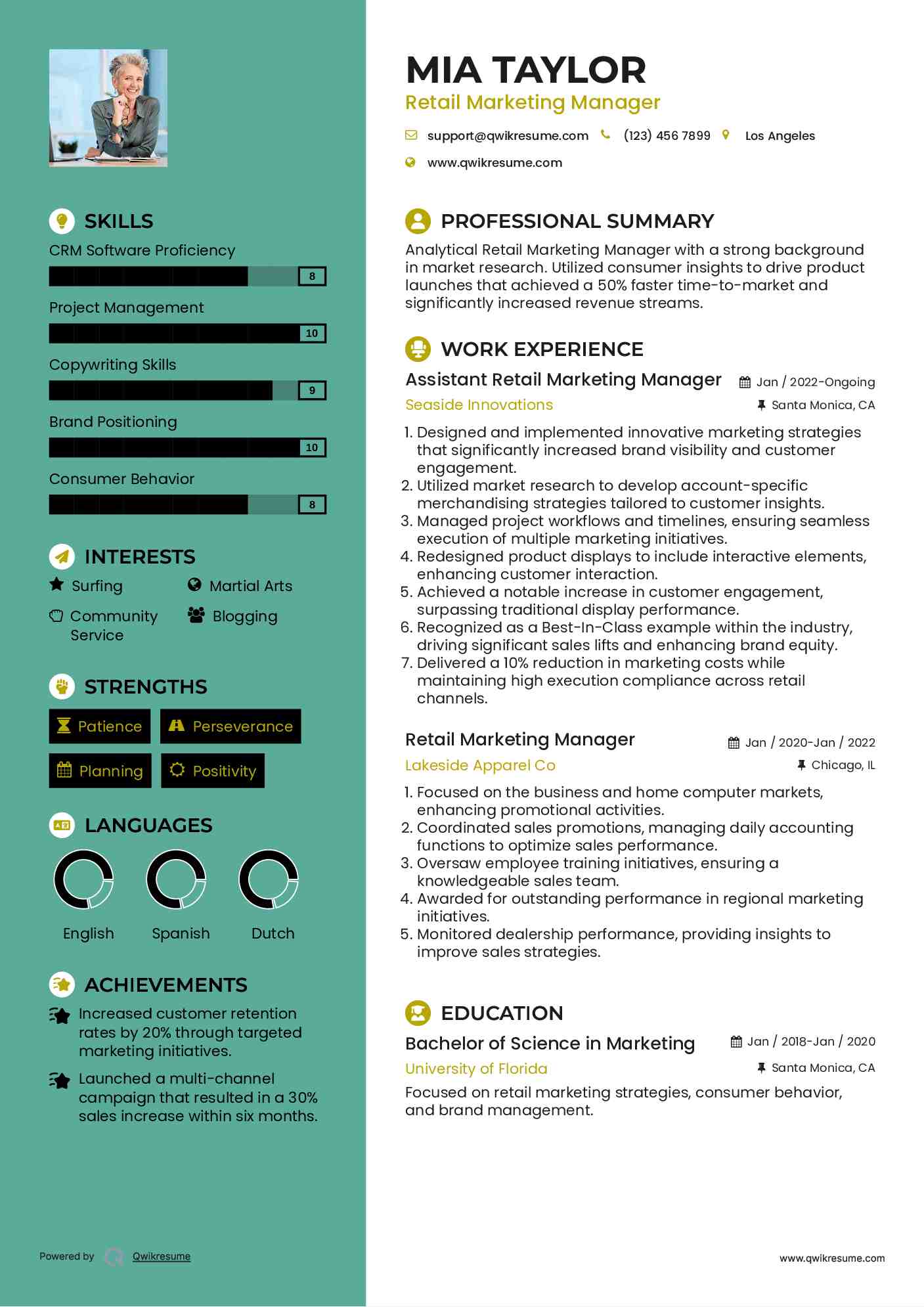 Assistant Retail Marketing Manager Resume Sample