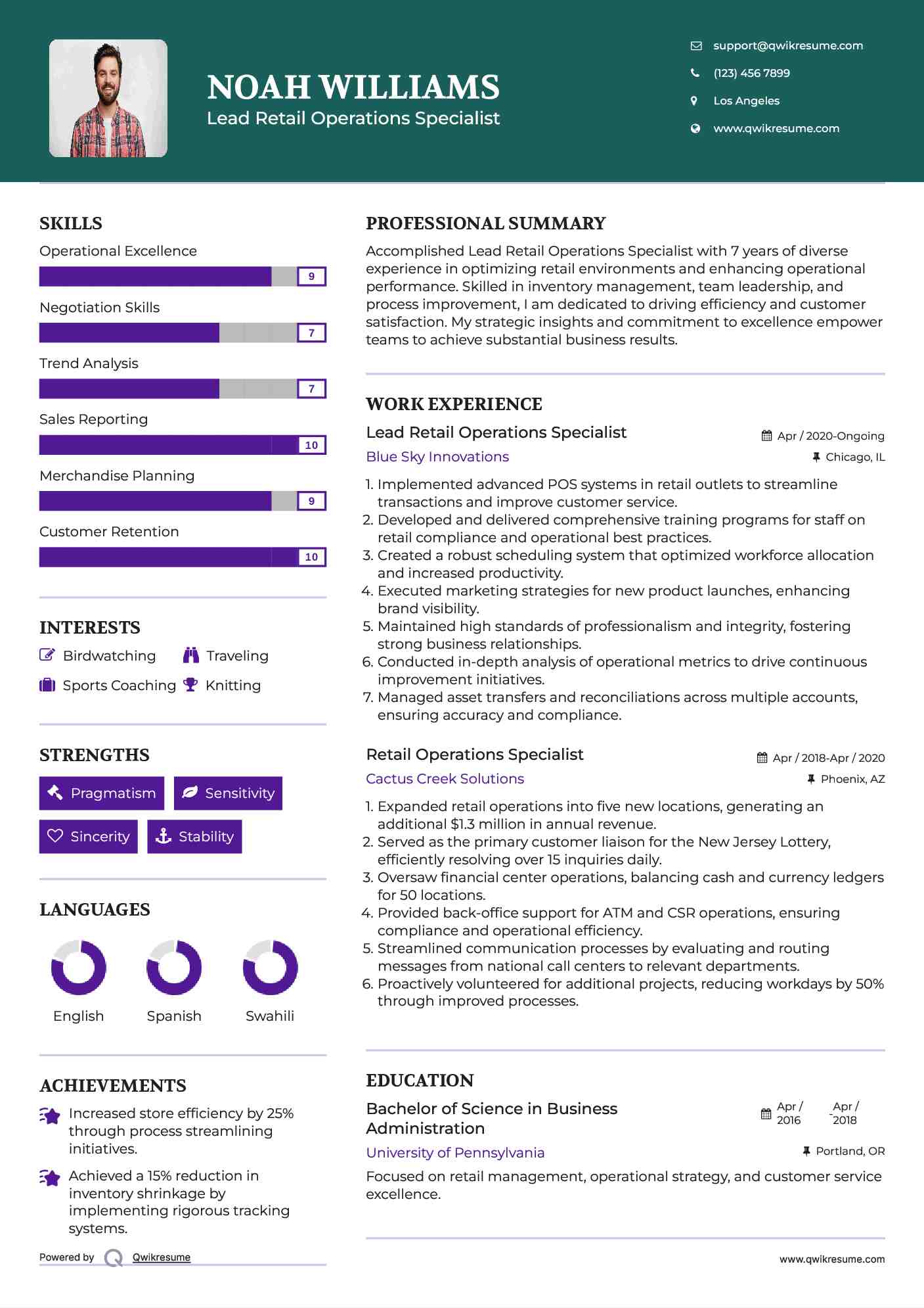 Lead Retail Operations Specialist Resume Sample
