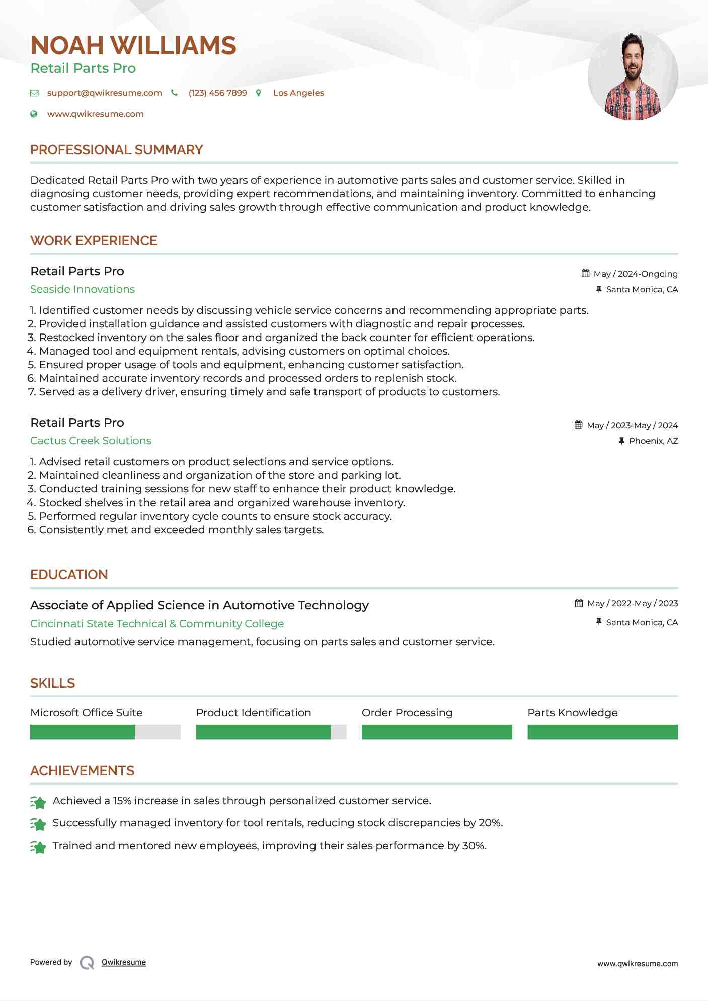 Retail Parts Pro Resume Example