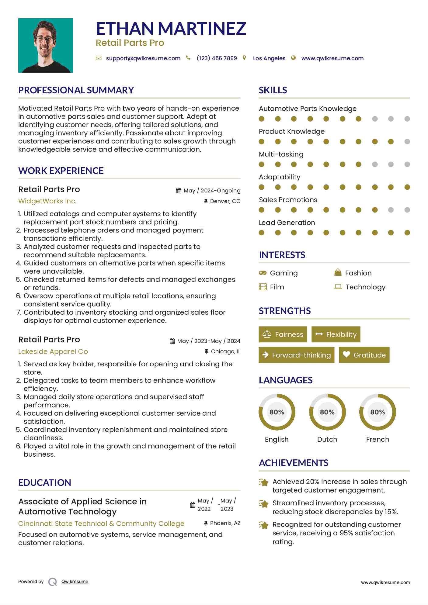 Retail Parts Pro Resume Model
