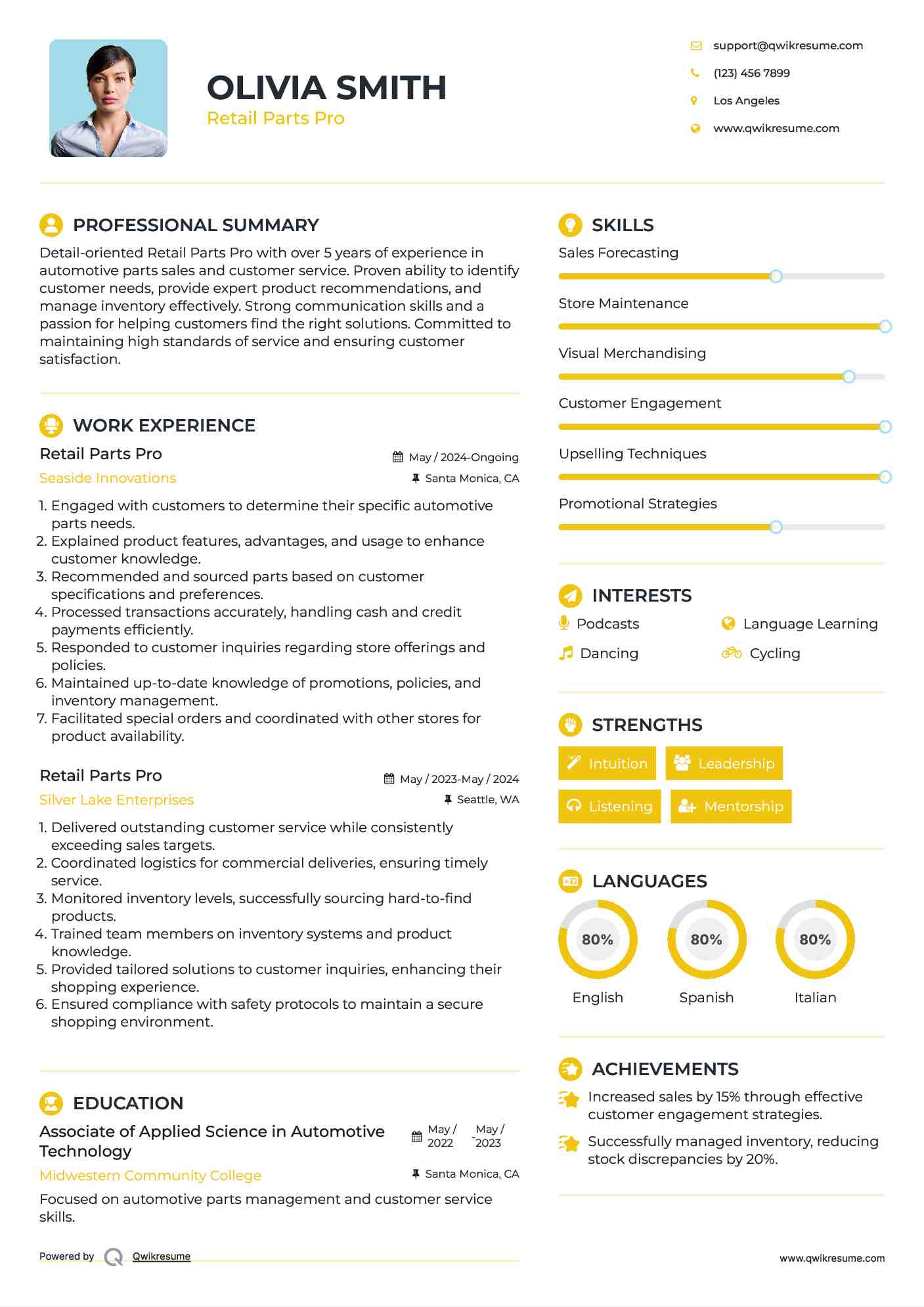 Retail Parts Pro Resume Model