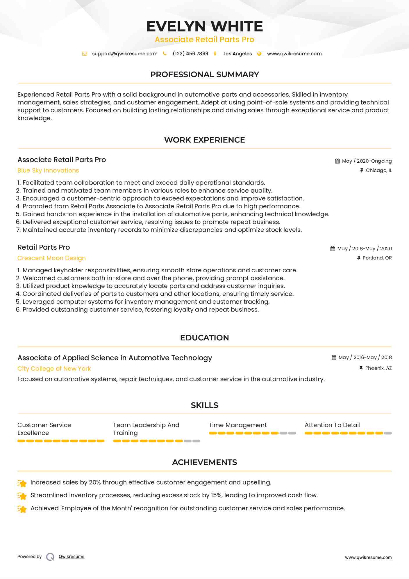 Associate Retail Parts Pro
 Resume Format