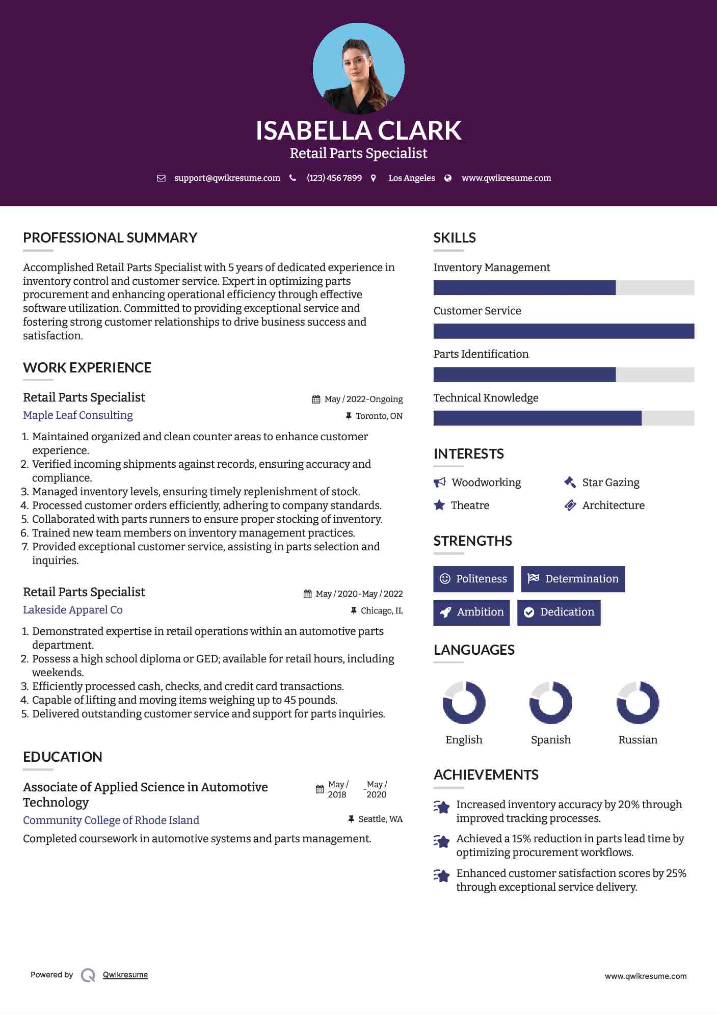 Retail Parts Specialist Resume Sample