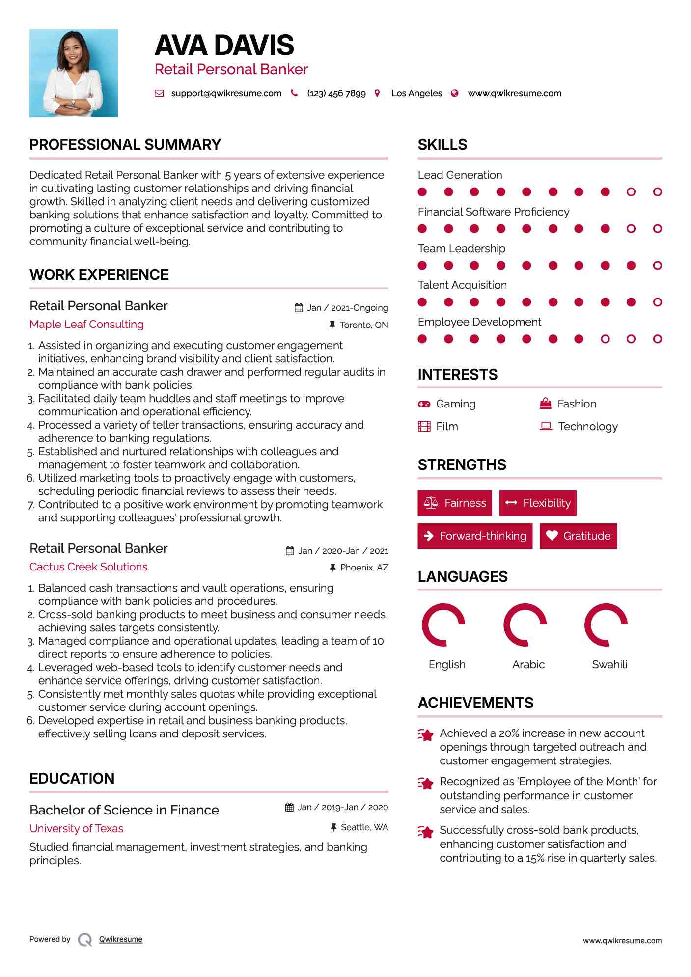 Retail Personal Banker Resume Example