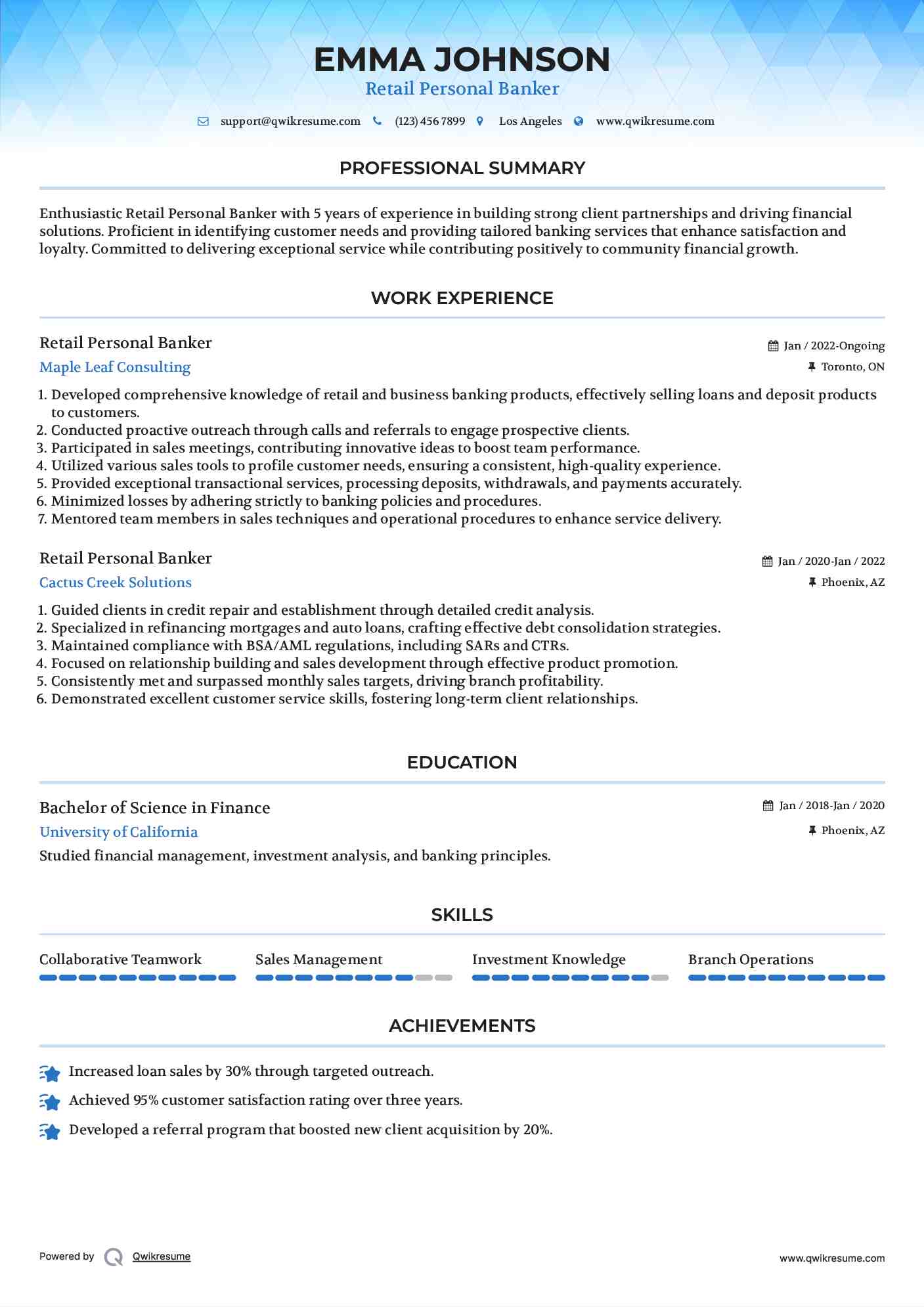 Retail Personal Banker Resume Example