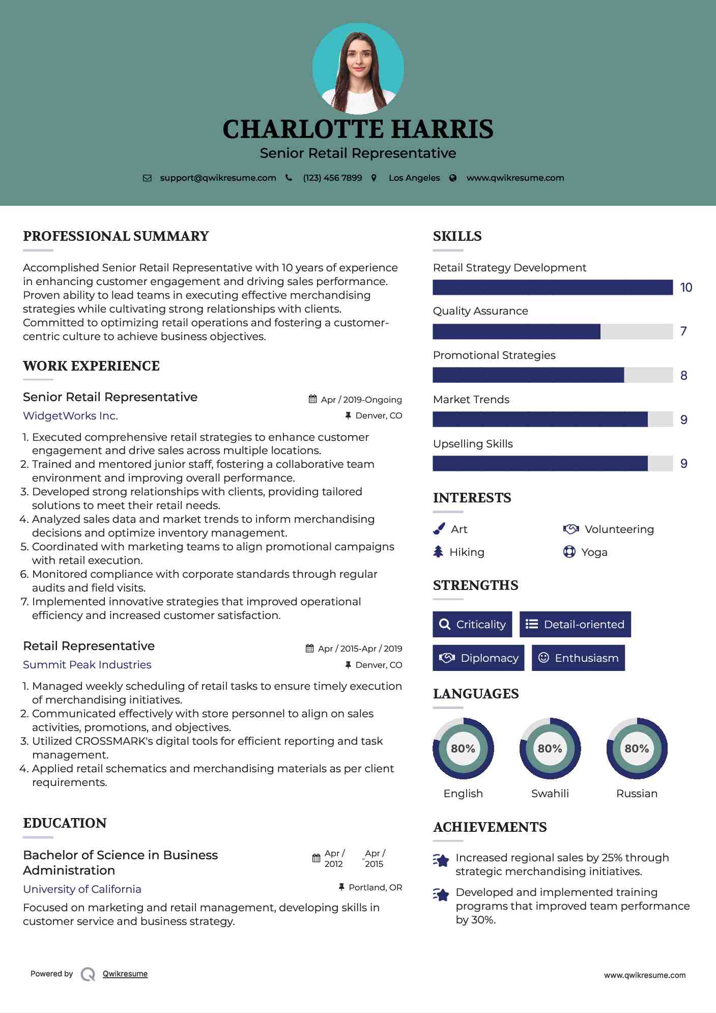 Senior Retail Representative Resume Model