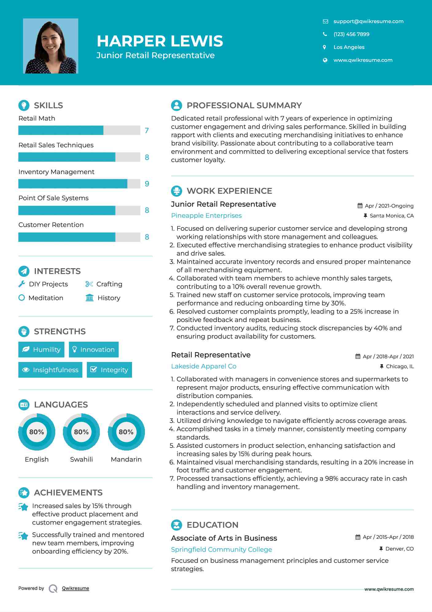 Junior Retail Representative Resume Sample