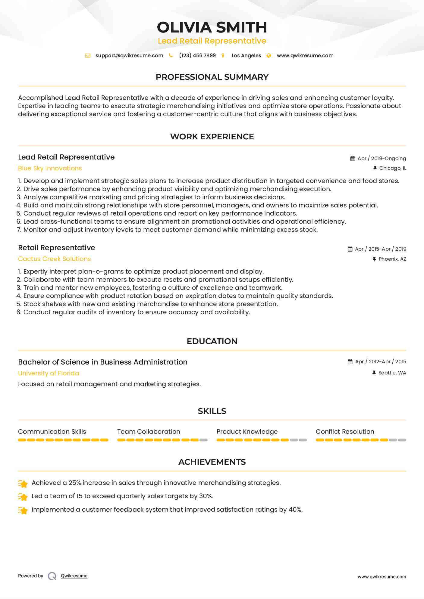Lead Retail Representative Resume Example