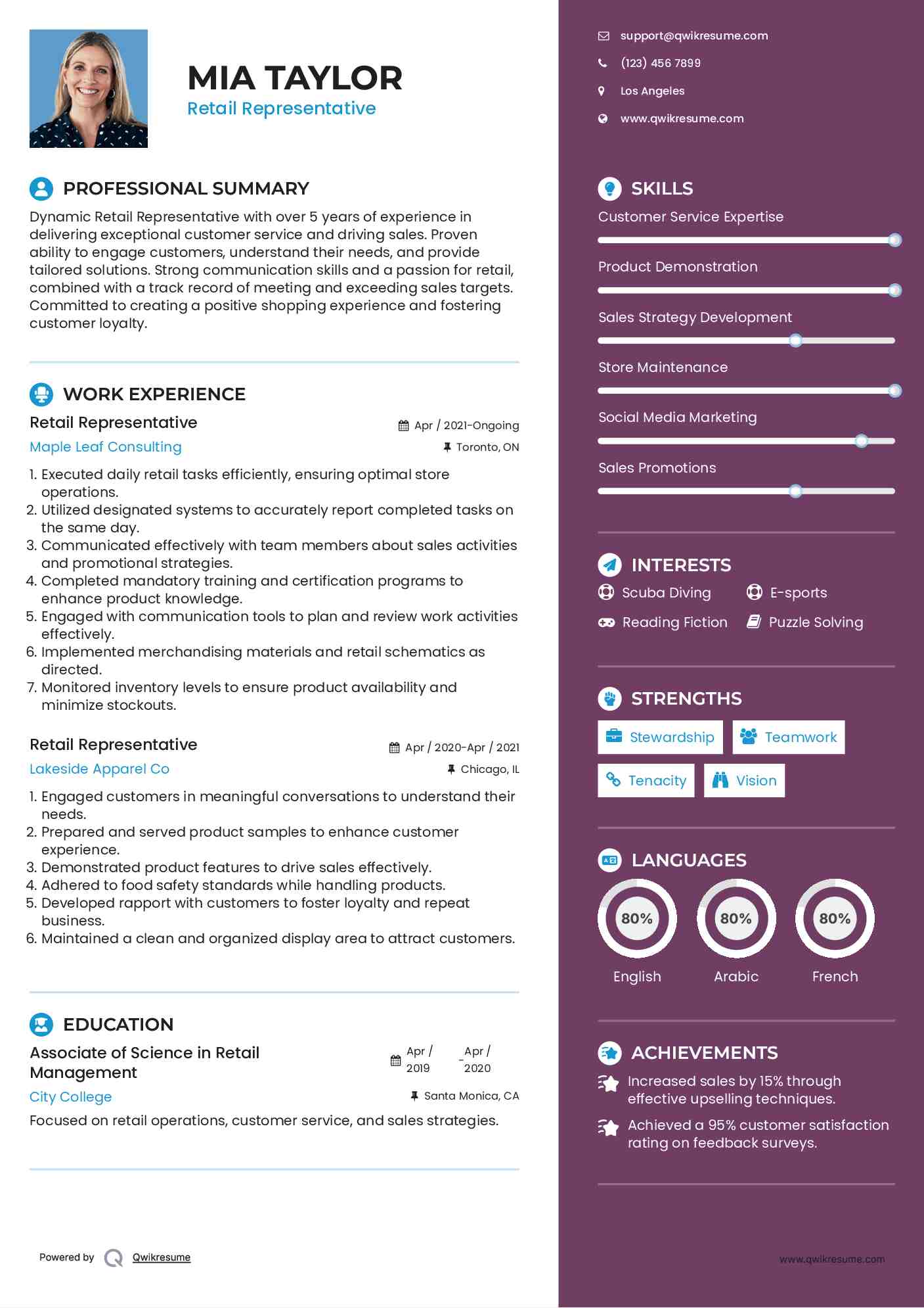 Retail Representative Resume Example