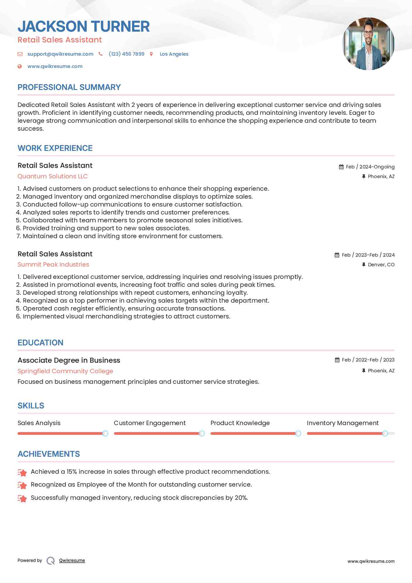 Retail Sales Assistant Resume Example