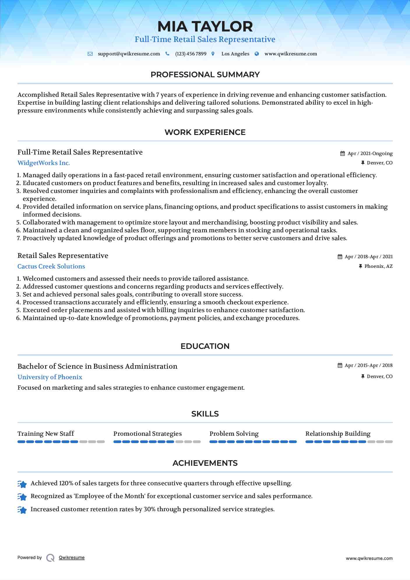 Full-Time Retail Sales Representative Resume Model