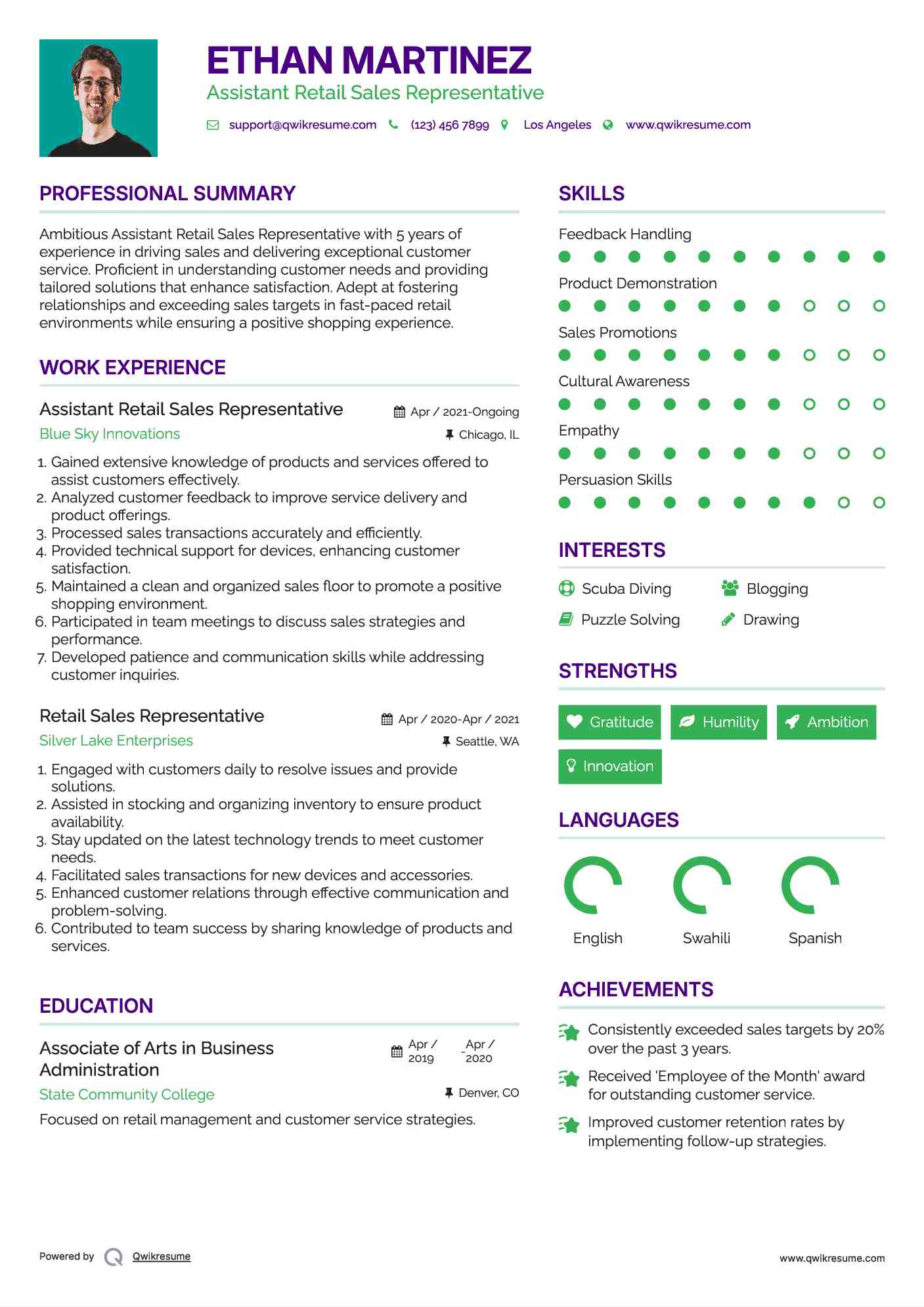 Assistant Retail Sales Representative Resume Sample