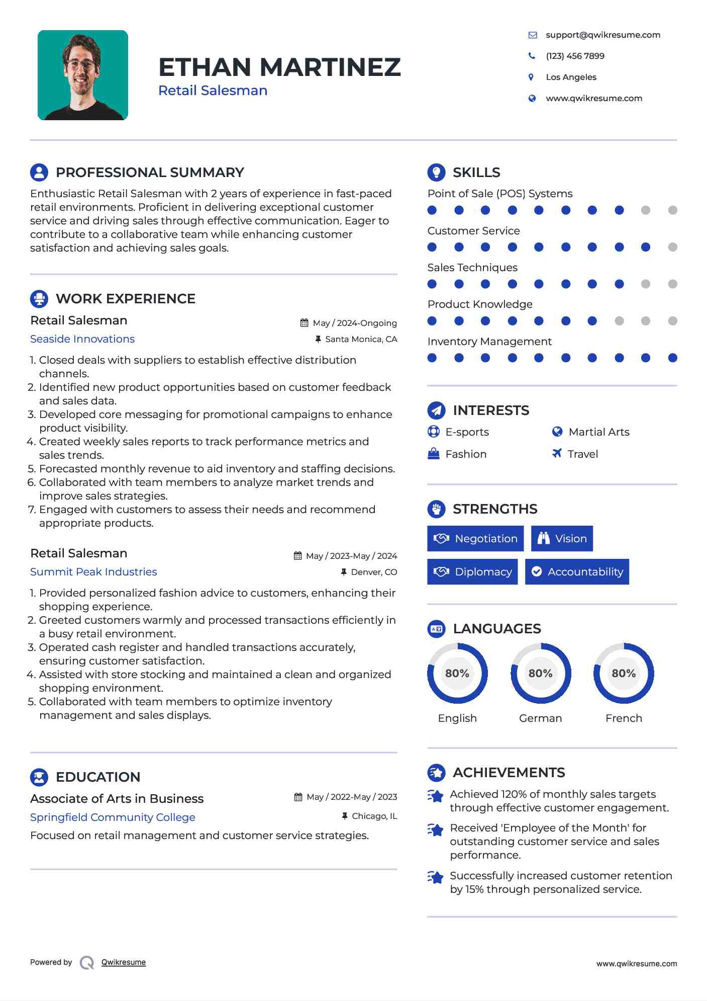 Retail Salesman Resume Sample