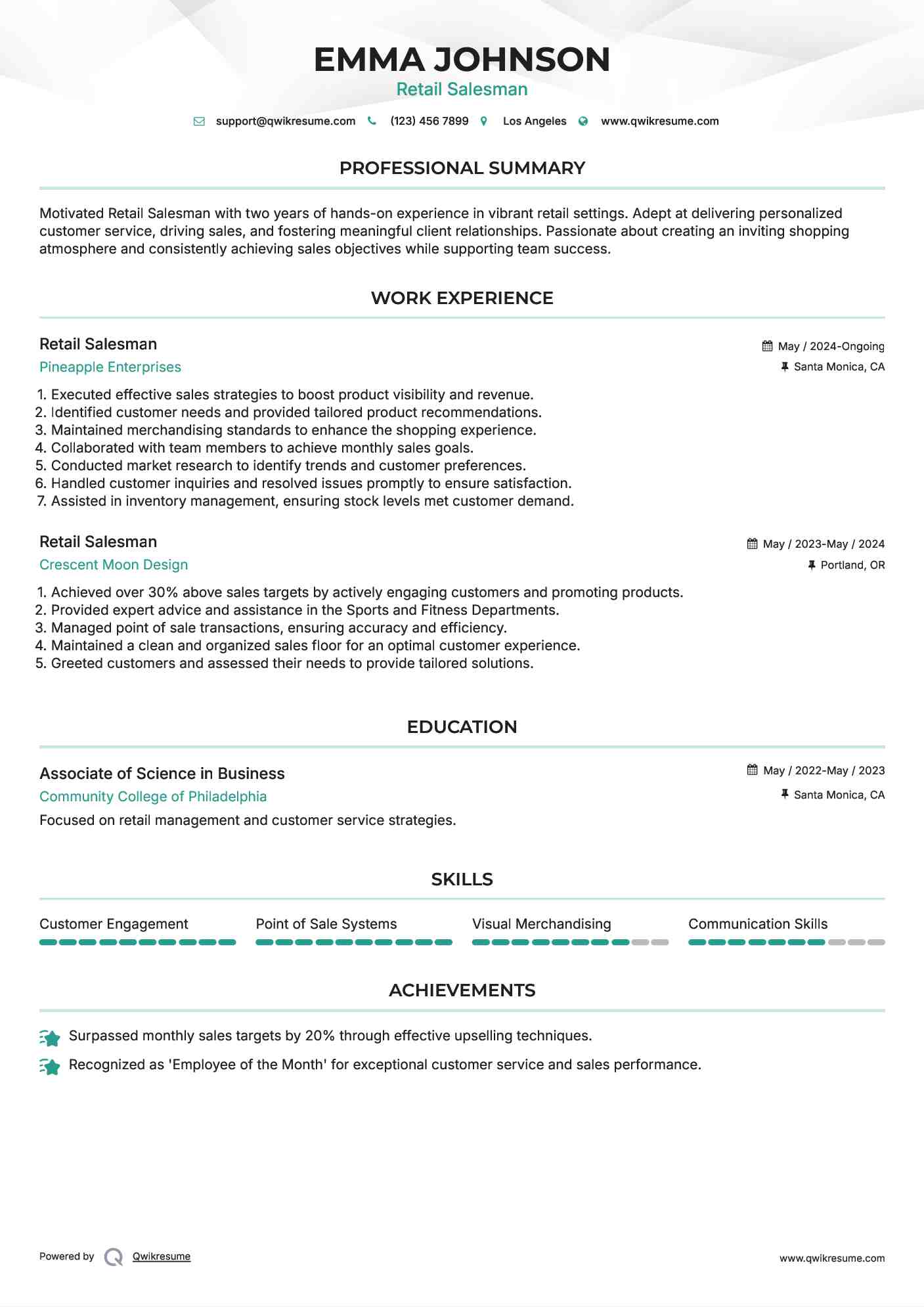 Retail Salesman Resume Format