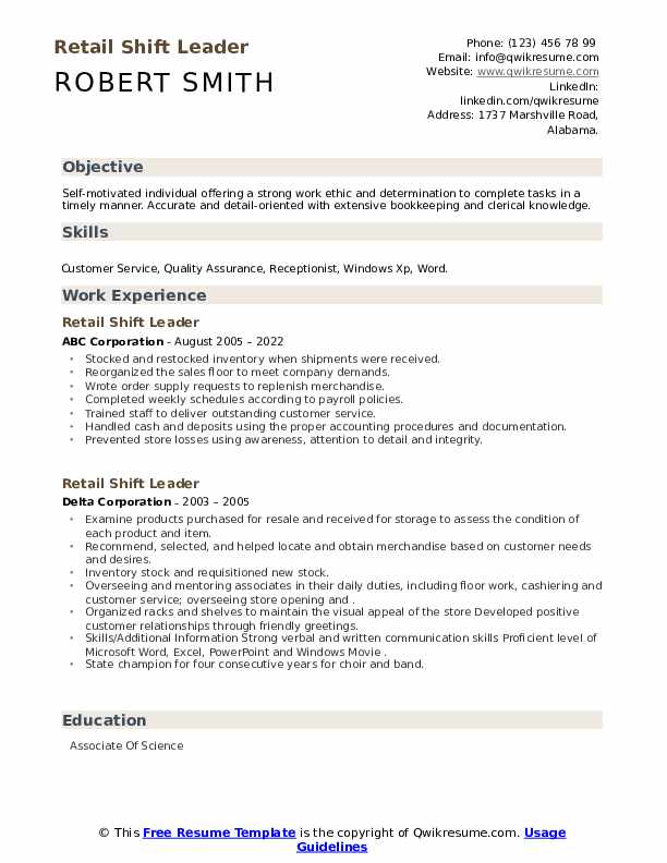 Retail Shift Leader Resume Samples QwikResume