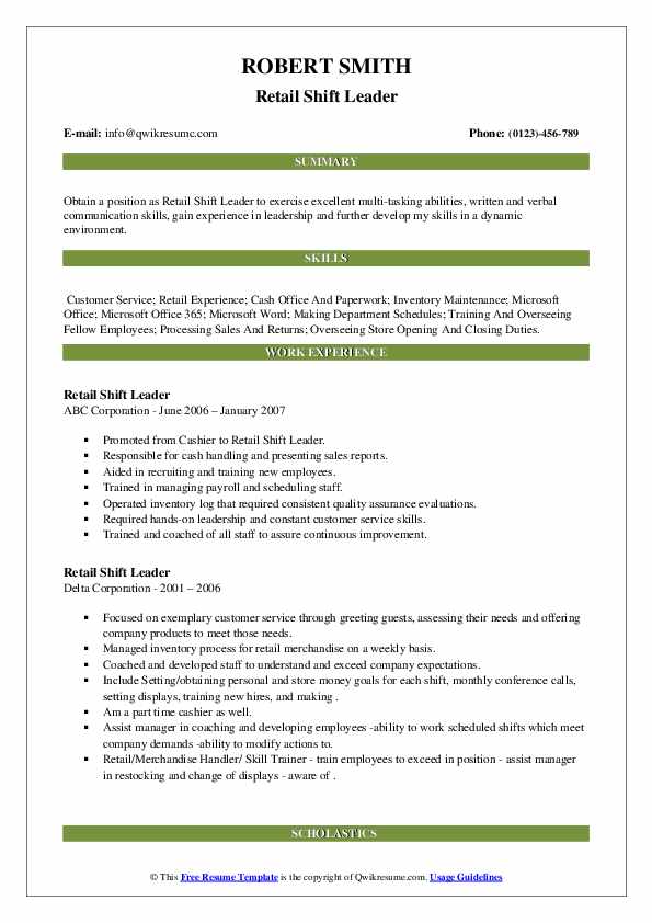 Retail Shift Leader Resume Samples QwikResume