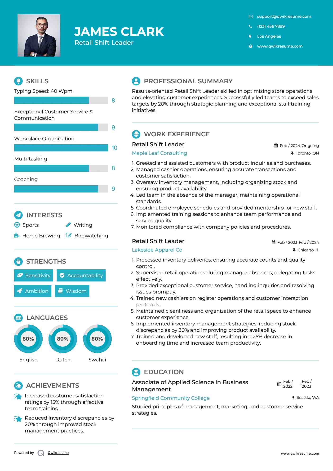 Retail Shift Leader Resume Format