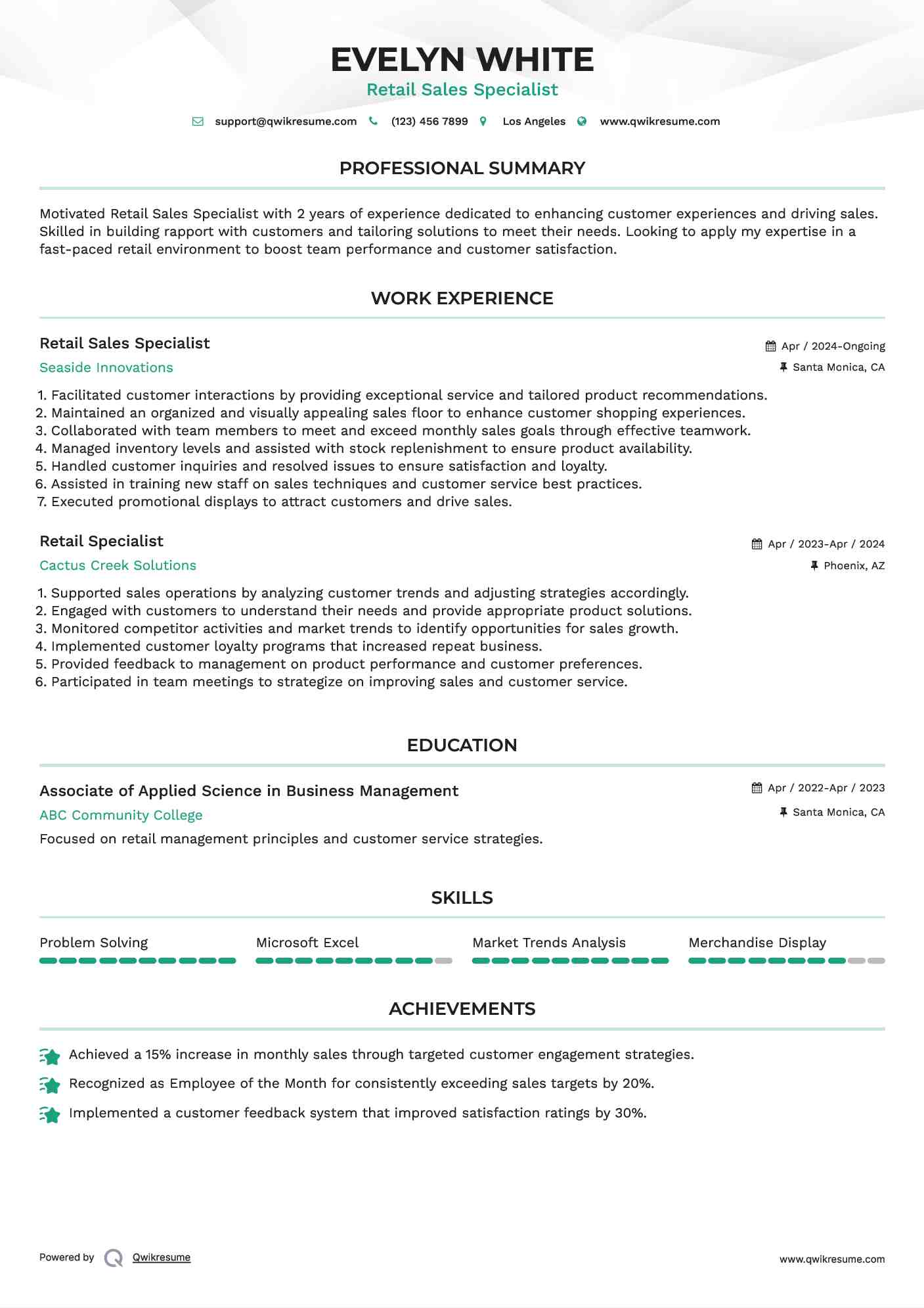 Retail Sales Specialist Resume Example