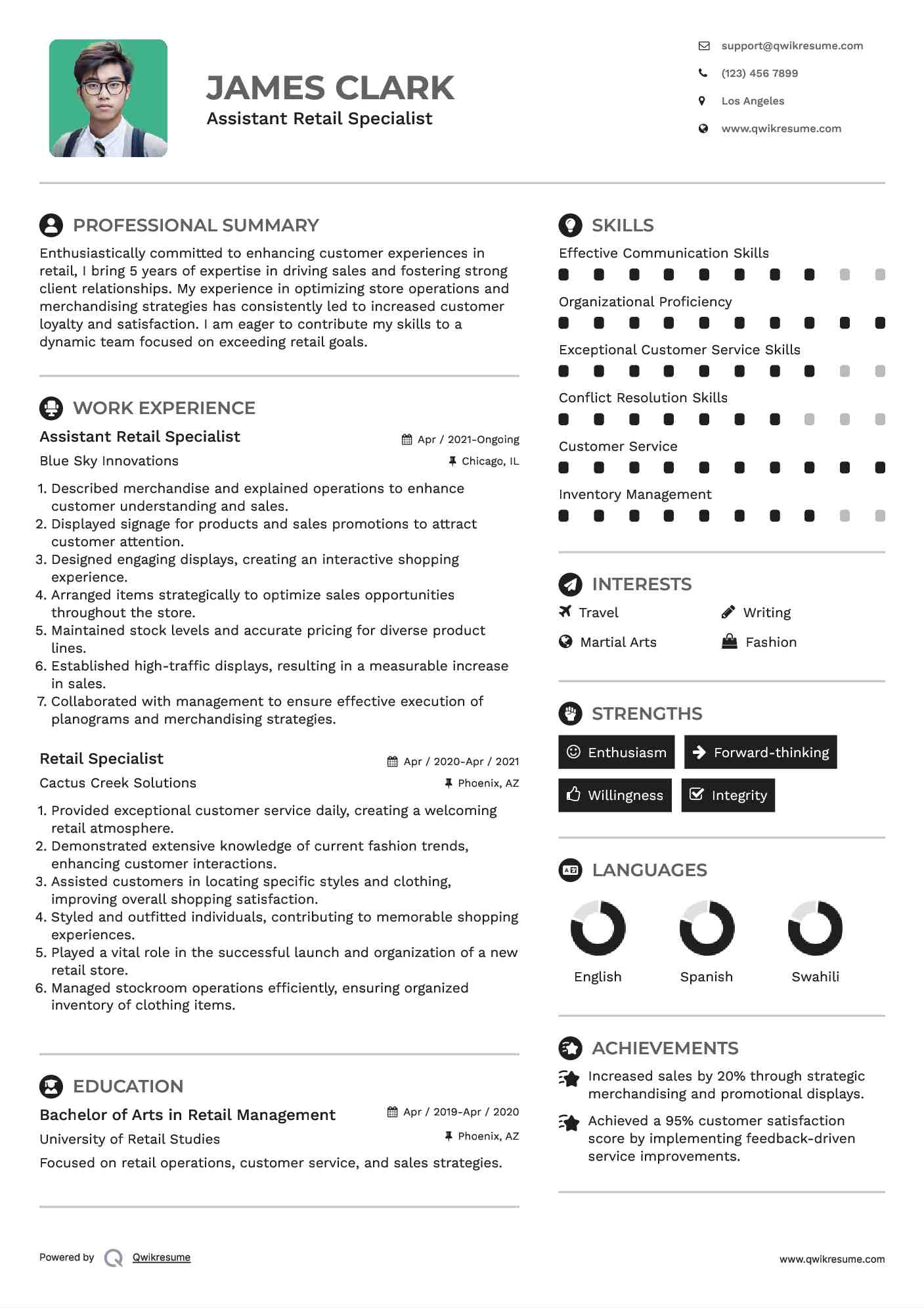 Assistant Retail Specialist Resume Sample