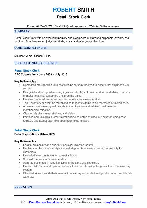 Retail Stock Clerk Resume Samples QwikResume