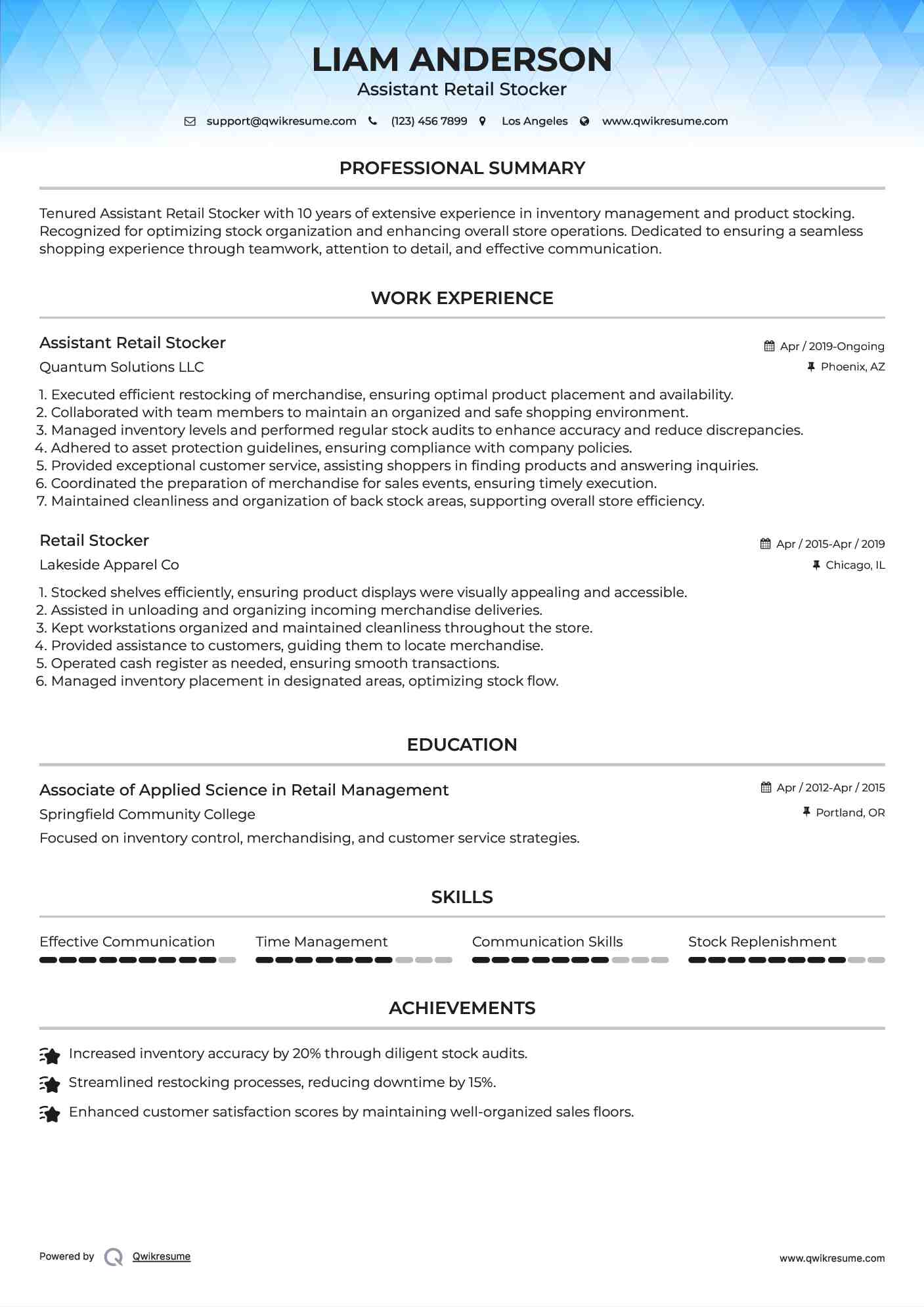 Assistant Retail Stocker Resume Template