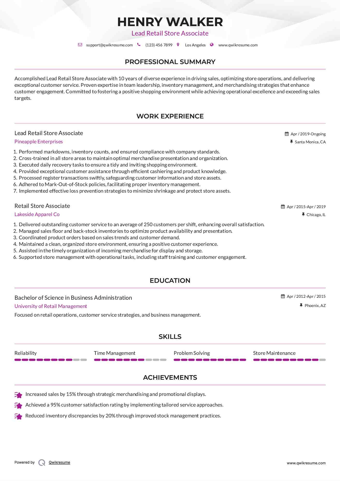 Lead Retail Store Associate Resume Format